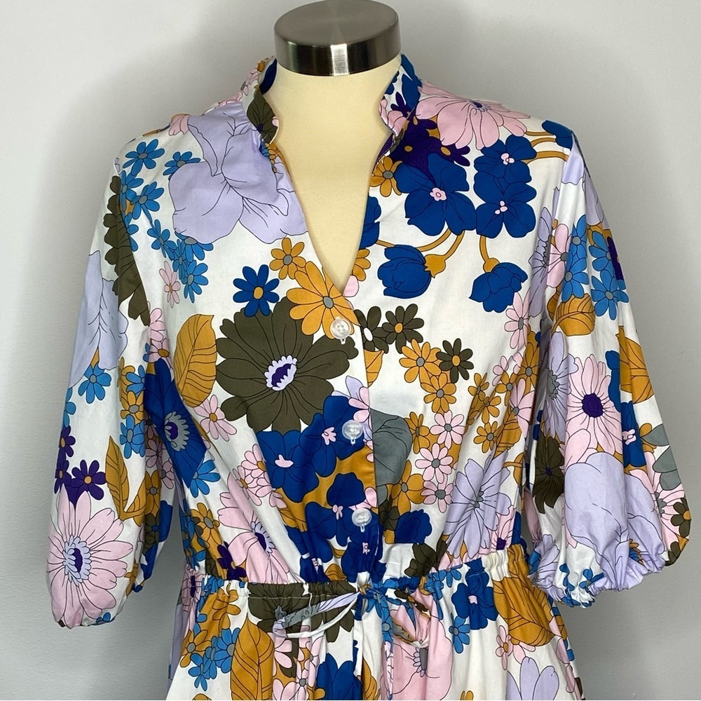52seven Retro Floral Balloon Sleeve Midi Shirt Dress - Picture 3 of 13